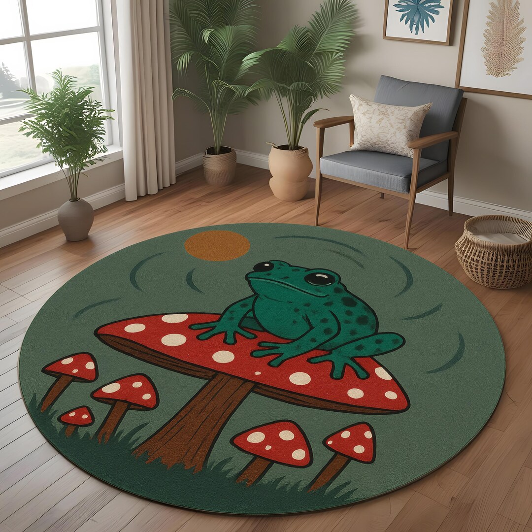Frog Rugs Frog on Mushroom Rug: Whimsical Toadstool Scene Round Carpet for Nature ...