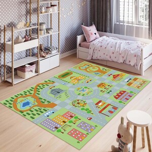 Kleurrijk stadskaart speelkamertapijt, leuk straatspeeltapijt voor kinderen, interactieve verkeersmat voor peuters, stadstapijt, jongenskamerdecor