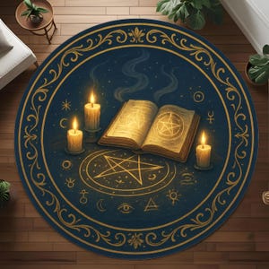 Witchy Spell Circle Rug, Round Witchcraft Altar Rug, Magic Book Pentagram Rug, Occult Gothic Decor Mat, Washable Mystic Witch Rug image 3
