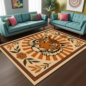 Tiger Boho Rug: Retro Sunbeam Animal Print Carpet with Floral Frame, Washable Statement Rug for Living Room, Kids Room or Bold Boho Decor