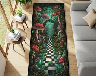 Enchanted Mushroom Runner Rug Fantasy Forest Hallway Carpet Whimsical Checkerboard Path Rug Wonderland Entryway Decor Floor Accent Art Mat
