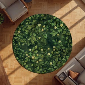 Green Botanical Round Area Rug, Leaf Pattern Circle Carpet, Nature Inspired Floral Floor Mat for Living Room, Boho Modern Home Decor