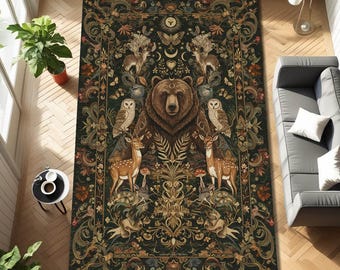 May include: A rectangular area rug with a dark green background and a detailed forest-themed design. The rug features a central bear image, surrounded by deer, owls, butterflies, and floral elements. The color palette includes browns, greens, and golds.