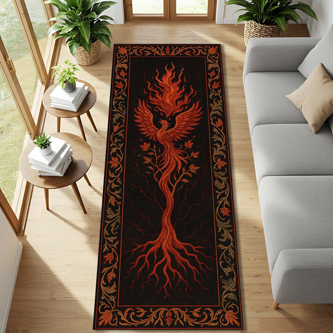 Fire Lane Rugs Fiery Phoenix Runner Rug, Black Orange Gothic Flame Carpet, Mythic ...