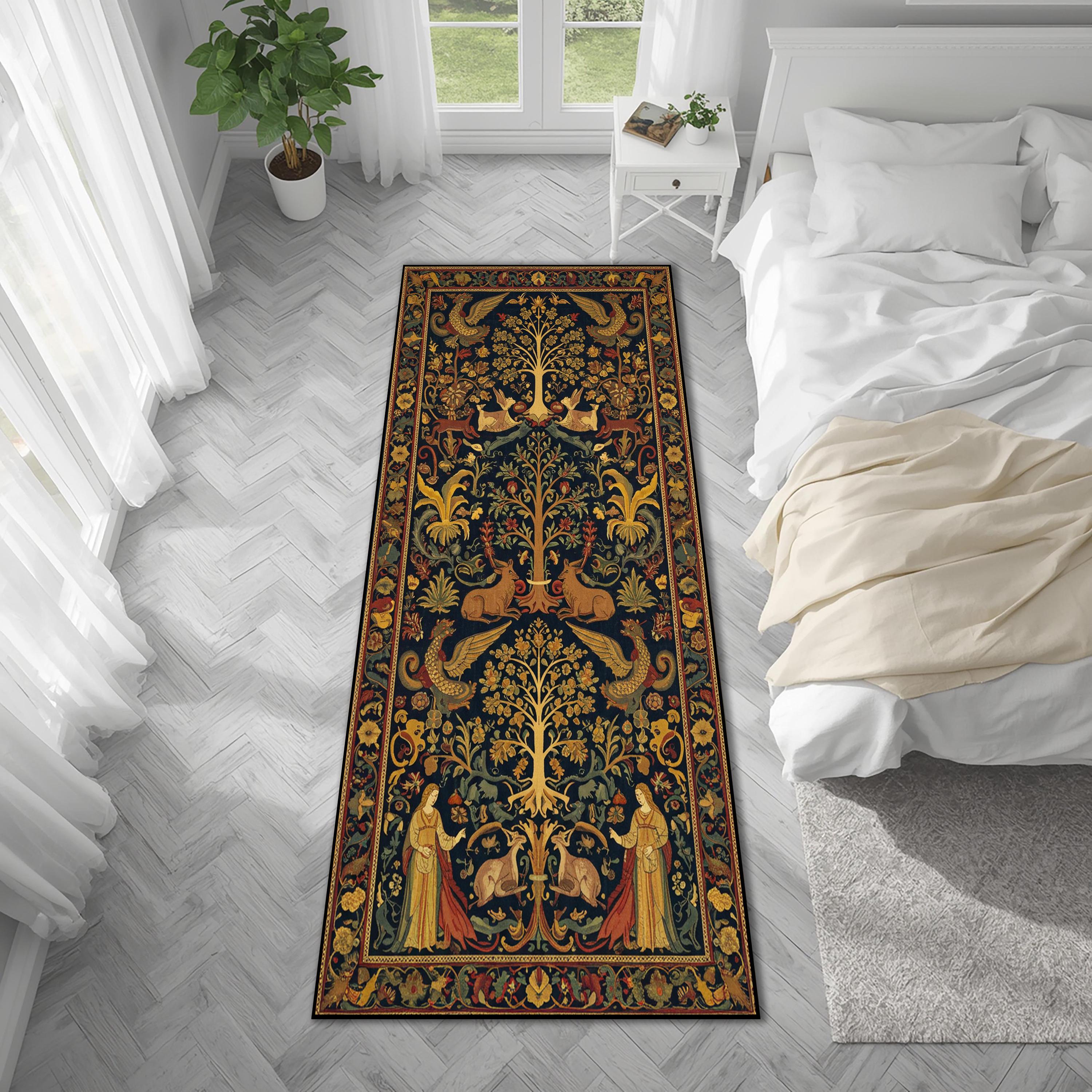 Medieval Floral Runner Rug, Dark Navy Botanical Hallway Carpet, Vintage ...