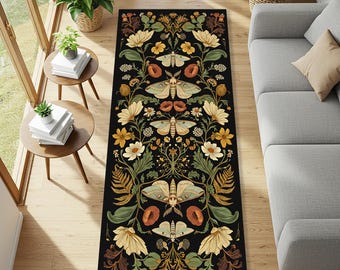 Moth Runner Rug, Symmetrical Botanical Insects with Vintage Florals on Black, Nature Inspired Forestcore Aesthetic in Soft Earthy Tones