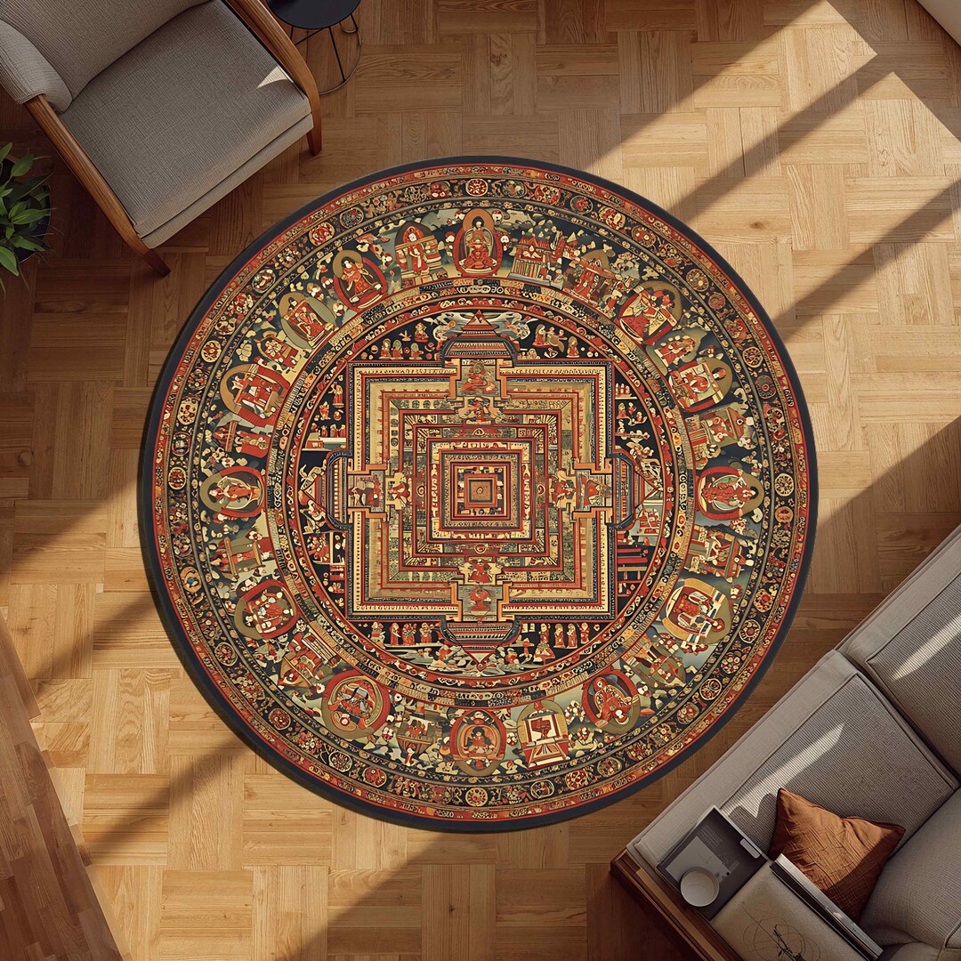 Mandala Temple Round Rug With Sacred Geometry and Deity Icons for ...
