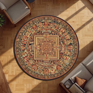 Mandala Temple Round Rug with Sacred Geometry and Deity Icons for Spiritual Spaces, Yoga Altars, Meditation Corners and Zen Bohemian Decor