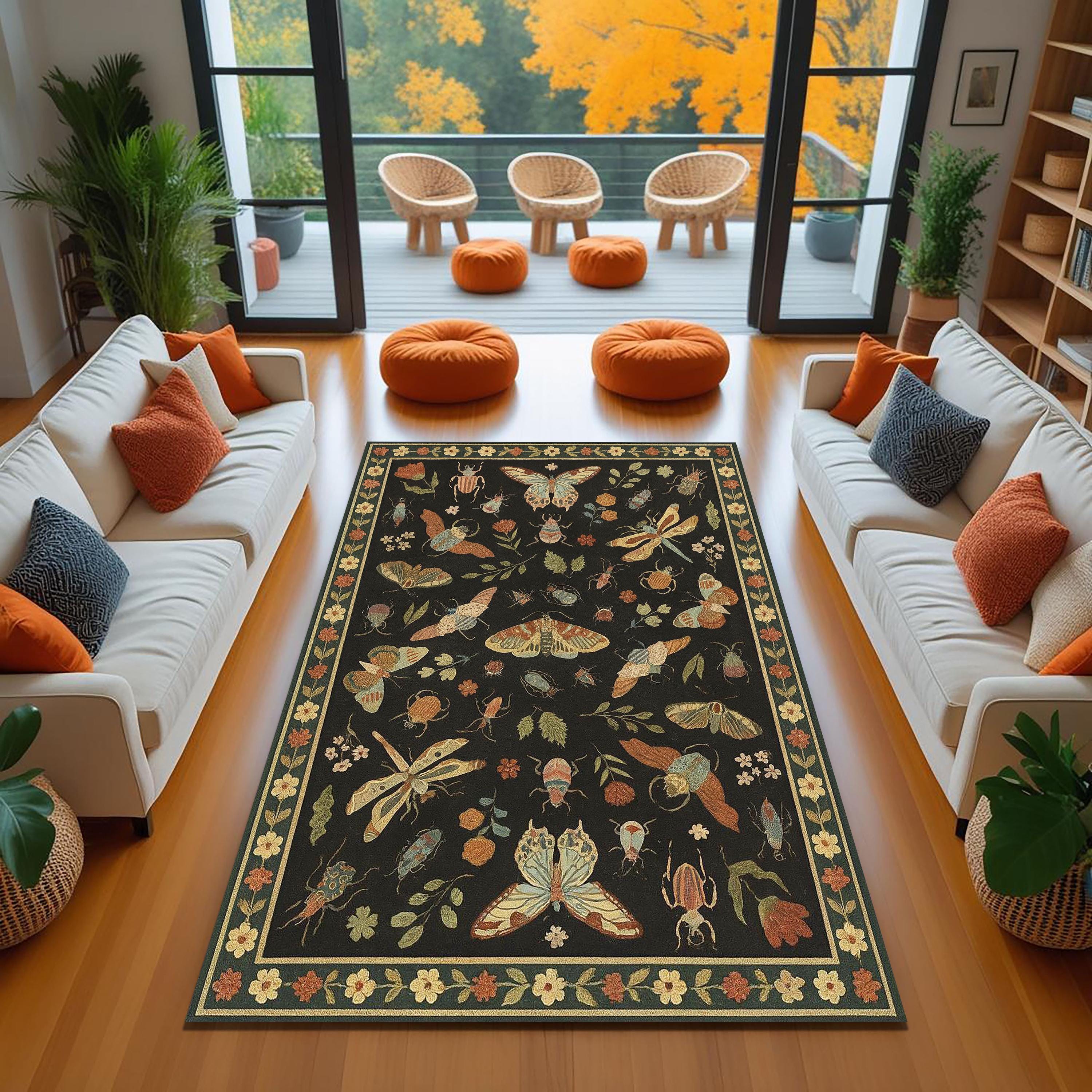 Vintage Insect Butterfly Rug, Botanical Nature Carpet With Bugs, Dark ...