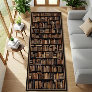 May include: A rectangular rug featuring a detailed bookshelf design. The rug showcases a variety of book spines in shades of brown, beige, and black, creating a realistic library aesthetic. The rug has a black border and is placed on a wooden floor.