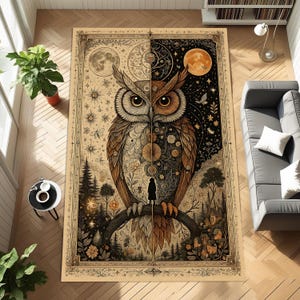 Mystic Owl Rug, Day and Night Forest Carpet with Sun Moon Stars and Nature Scene, Fantasy Woodland Tapestry for Witchy Folk Art Room Decor
