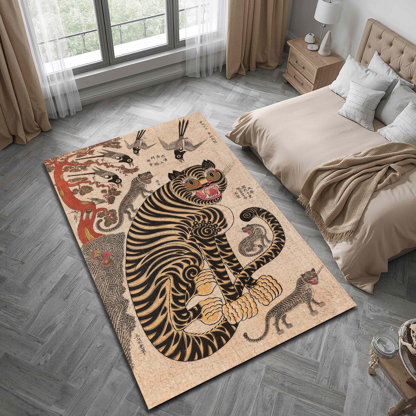 Traditional Korean Rug Korean Folk Tiger Rug With Traditional Ink Style Design, Tattoo ...