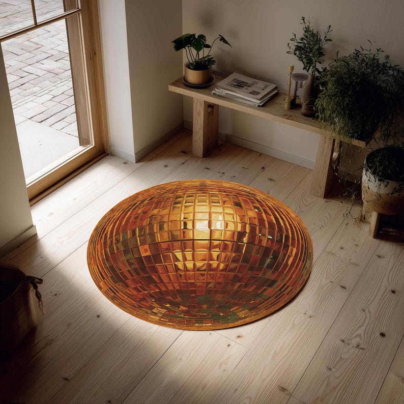 Gold Disco Ball Round Rug, Retro 70s Mirrorball Carpet, Funky Glam ...