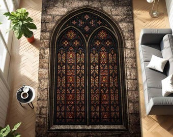 Kathedrale Glasmalerei-Fensterteppich, Gothic Steinbogen Illusion Teppich, Dark Academia Mittelalter-Dekor für Wohnzimmer Schlafzimmer Eingangsbereich