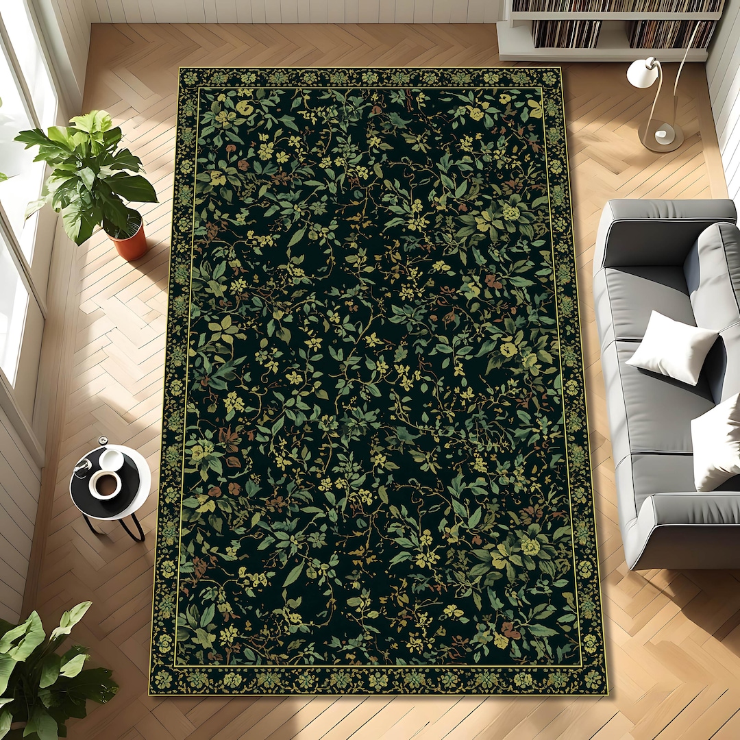 Dark Botanical Forest Rug for Gothic Cottagecore Interiors, Elvish ...