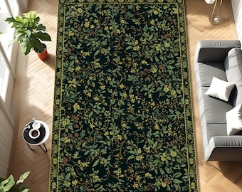 Donker botanisch bostapijt voor gotische cottagecore-interieurs, op de elfennatuur geïnspireerde kamers, Witchcore-ruimtes en maximalistische artistieke huizen