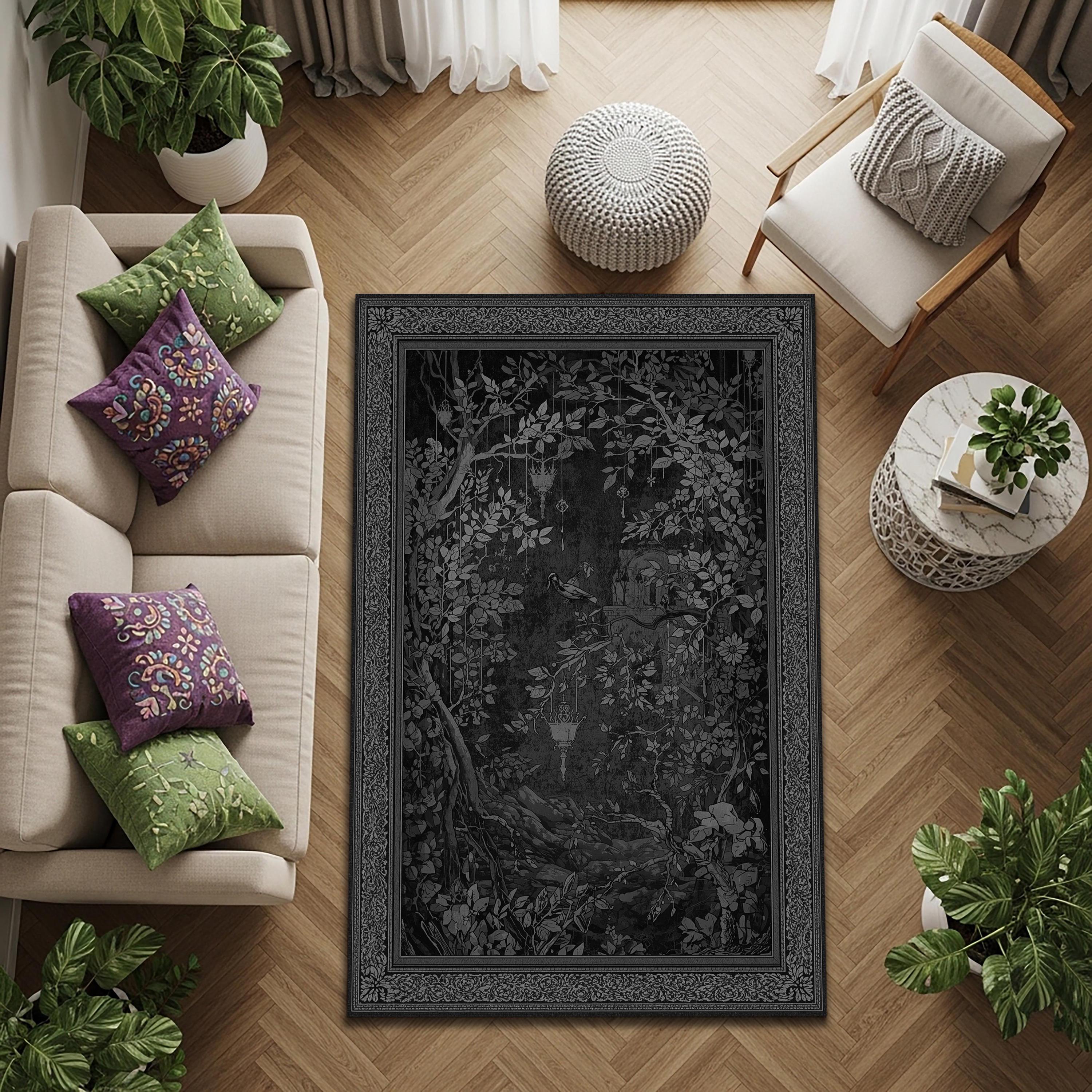 Gothic Dark Forest Rug With Raven and Lanterns, Monochrome Woodland ...