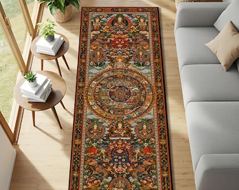 Buddhist Mandala Runner Rug, Sacred Wheel of Life with Guardian Deities, Mythological Spiritual Runner, Tibetan Enlightenment Carpet