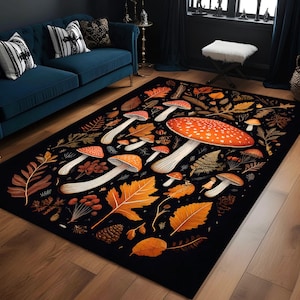 Mushroom Forest Rug, Cottagecore Botanical Carpet, Gothic Fall Nature Decor, Fungi Woodland Floor Mat, Dark Fairycore Mushroom Rug