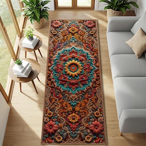 May include: A rectangular rug with a detailed floral pattern in shades of red, orange, teal, and brown. The rug features a central mandala design and ornate borders, creating a textured, three-dimensional effect. The rug is placed on a wooden floor.