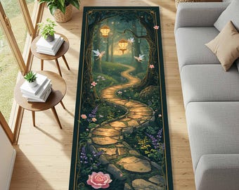 May include: A rectangular area rug featuring a whimsical forest scene. A winding stone path leads through a lush green forest, illuminated by glowing lanterns and fairy-like figures. Pink and purple flowers dot the landscape, framed by a dark green border.