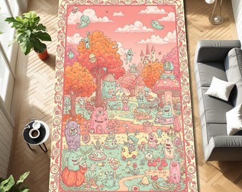 Può includere: Tappeto rettangolare con un'illustrazione a cartoni animati di un paesaggio fantastico. Il design presenta creature, alberi ed edifici colorati. Il tappeto ha un bordo rosa e crema e la scena include elementi fantastici.