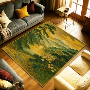 Japanese Mountain Rug, Zen Garden Landscape Carpet, Mount Fuji Forest Mat, Koi Pathway Design, Oriental Nature Scene, Traditional Art Rug