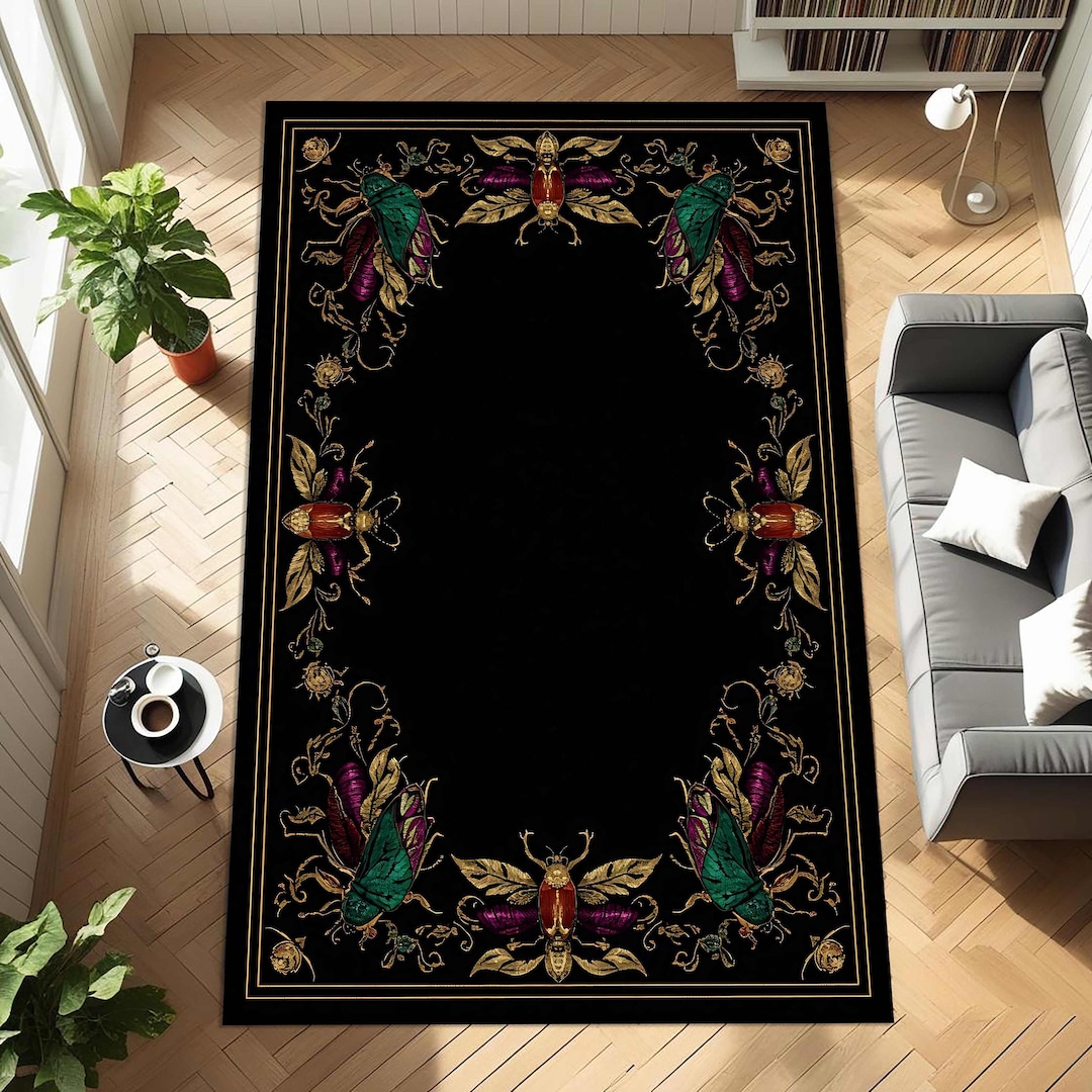 Modern Black Insect Rug Gothic Insect Beetle Rug, Black Luxury Victorian Entomology Area Carpet ...