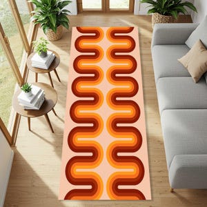 Retro Wave Runner Rug with 70s Curved Lines, Bold Orange and Brown Hallway Carpet, Funky Mid Century Style Floor Art for Colorful Interiors