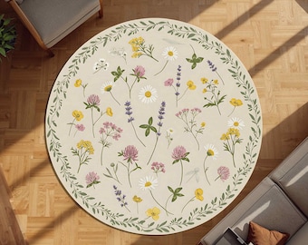 Round Botanical Floral Rug with Wildflower Print in Soft Pastel Colors, Boho Nature Inspired Carpet for Living Room or Bedroom Decor
