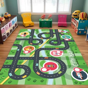 Stadtplan Kinderspielteppich mit Straßen und Autos, Lernteppich mit Zoo, Schule, Markt, Krankenwagen & mehr für Kleinkindzimmer oder Spielzimmer