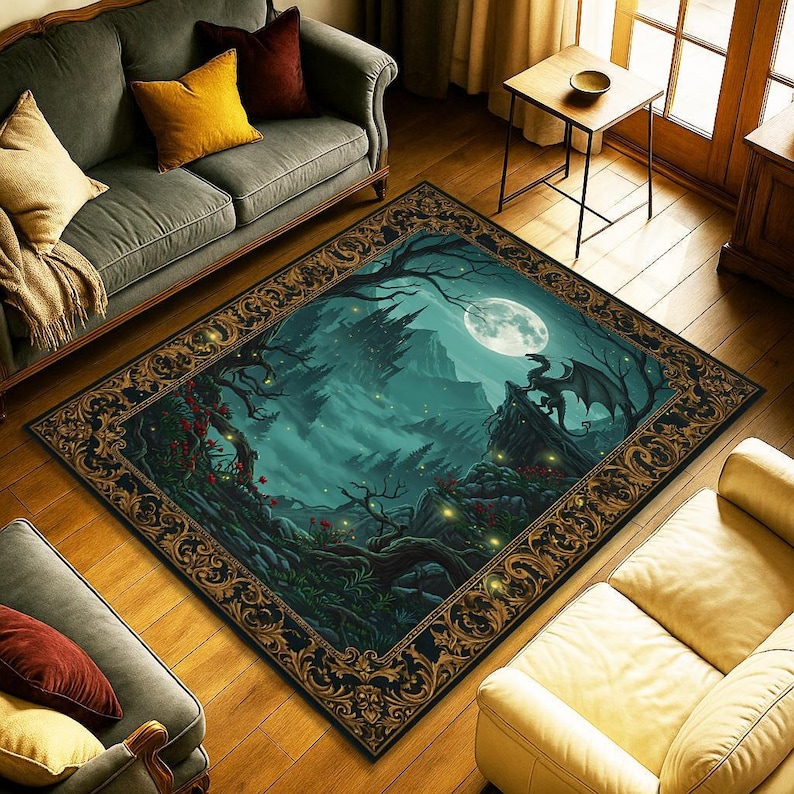 Moonlit Dragon Castle Area Rug, Gothic Fantasy Forest Carpet With ...