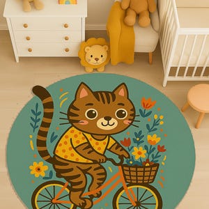Alfombra redonda para niños con un lindo gato en bicicleta, alfombra de animales juguetones, tapete de juego para niños pequeños, alfombra de piso para niños colorida, divertida decoración de guardería con dibujos animados