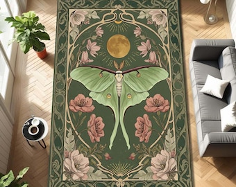 Art Nouveau Luna Moth Rug, Sage Green Floral Botanical Carpet with Golden Moon, Vintage Cottagecore Witchy Decor for Living Room Bedroom