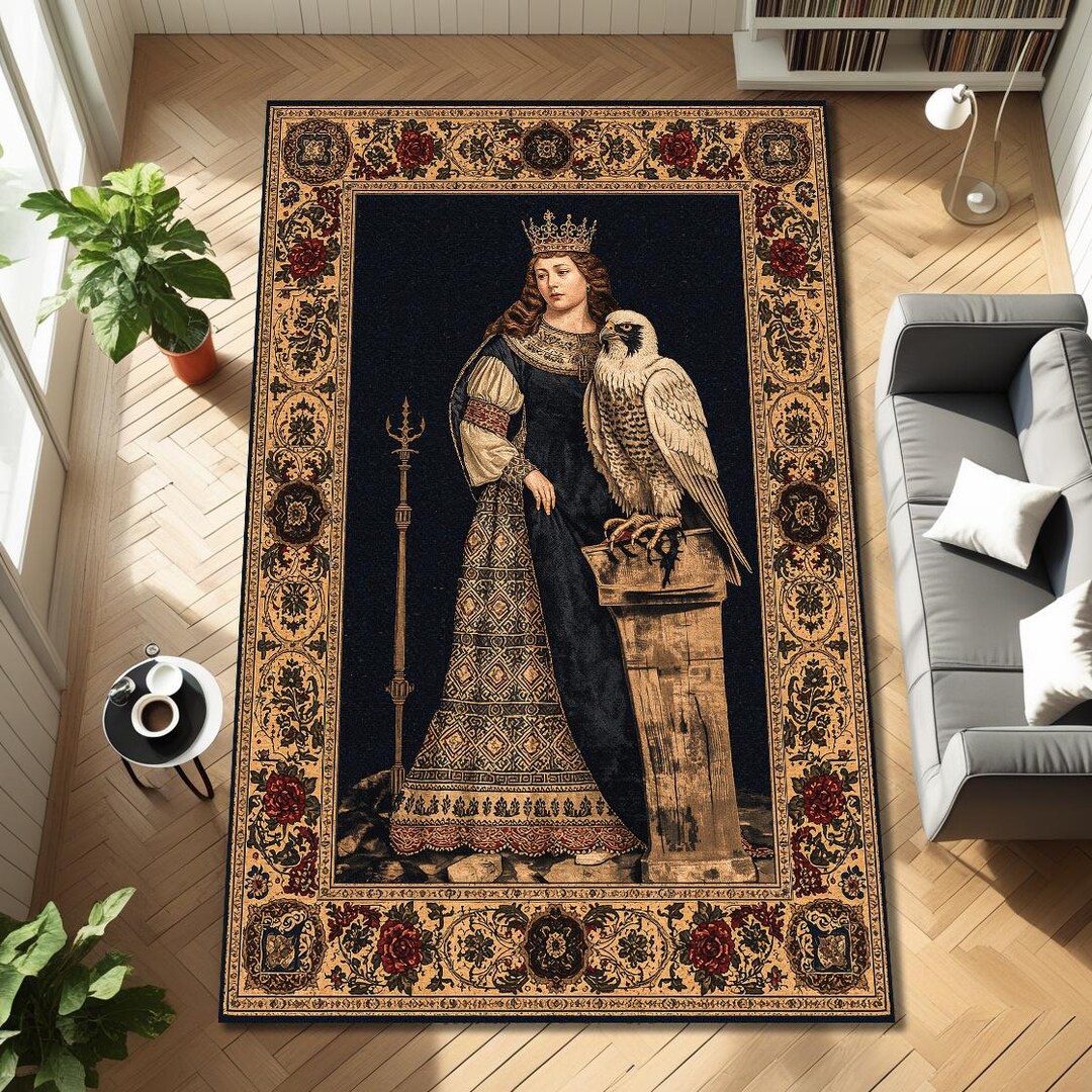 Medieval Queen Portrait Rug, Royal Falcon Tapestry Carpet, Renaissance ...