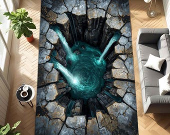 3D Waterfall Rug with Cracked Stone Illusion Design, Realistic Floor Carpet for Living Room, Modern Optical Illusion Decor for Home