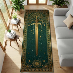 Puede incluir: Una alfombra rectangular verde con un diseño de espada dorada. La espada está centrada, con un diseño de árbol en la parte superior y un sol en la inferior. La alfombra tiene un borde dorado y mide unos 91 cm de ancho.