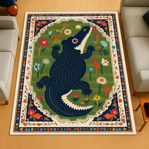 Alfombra de cocodrilo con diseño floral, divertida y vibrante, con estampado de animales para habitación infantil o zona de juegos.