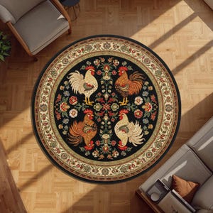 Folk Rooster Round Rug, Vintage Farmhouse Carpet with Floral Pattern and Colorful Chickens, Rustic Country Decor for Traditional Homes