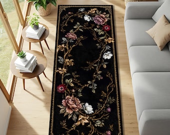 Black Floral Runner Rug, Vintage Botanical Carpet with Rose Vine Art, Dark Cottagecore Hallway Mat, Gothic Living Room Decor Gift Idea
