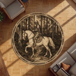Tappeto rotondo con cavaliere medievale a cavallo, tappeto circolare in stile arazzo vintage, opera d'arte con cavaliere della foresta, arredamento antico Castlecore per soggiorno