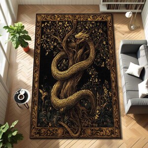 May include: A rectangular rug with a detailed illustration of a golden dragon coiled around a tree. The rug has a black background with gold and green accents, and a decorative border. The design evokes a fantasy or mythological theme.