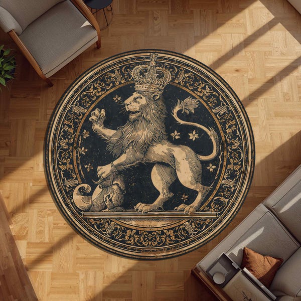 Royal Lion Round Rug with Crowned Heraldic Crest Design Medieval Regal Carpet for Library Office or Study Room Vintage Baroque Decor Mat