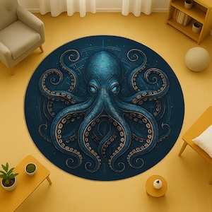 Octopus Gothic Rug with Steampunk Kraken Aesthetic, Round Deep Sea Creature Carpet for Mythical Room Decor or Nautical Fantasy Interiors
