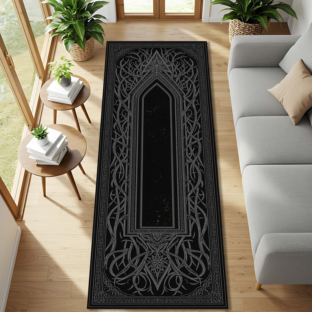 Cathedral Rug Gothic Archway Runner Rug, Black Cathedral Hallway Carpet, Dark ...
