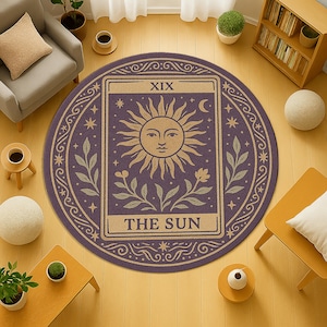 Tapete redondo de tarô The Sun, tapete circular místico, tapete de adivinhação de bruxas, arte de chão de astrologia espiritual, decoração com símbolos mágicos celestiais