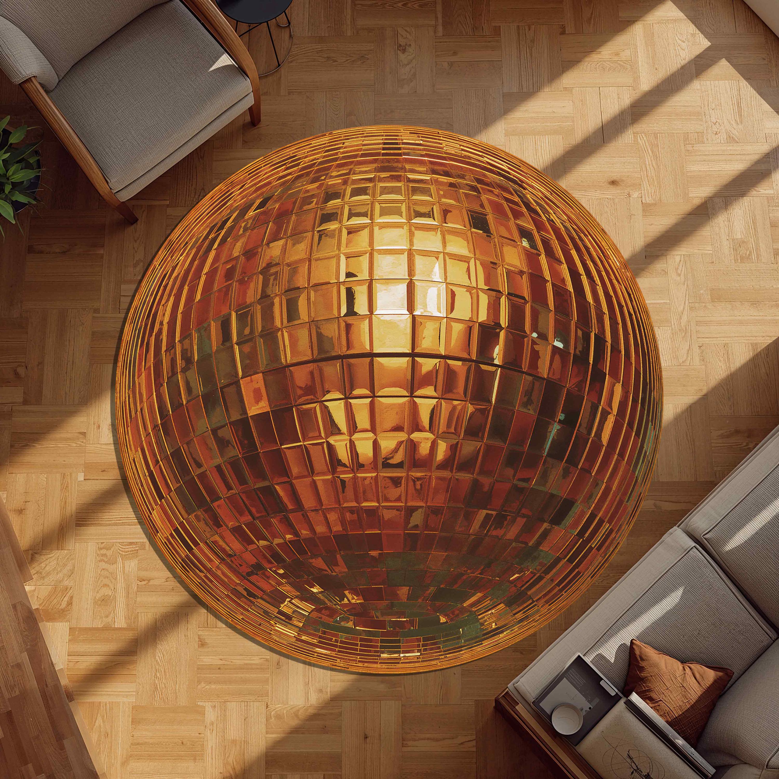 Gold Disco Ball Round Rug, Retro 70s Mirrorball Carpet, Funky Glam ...