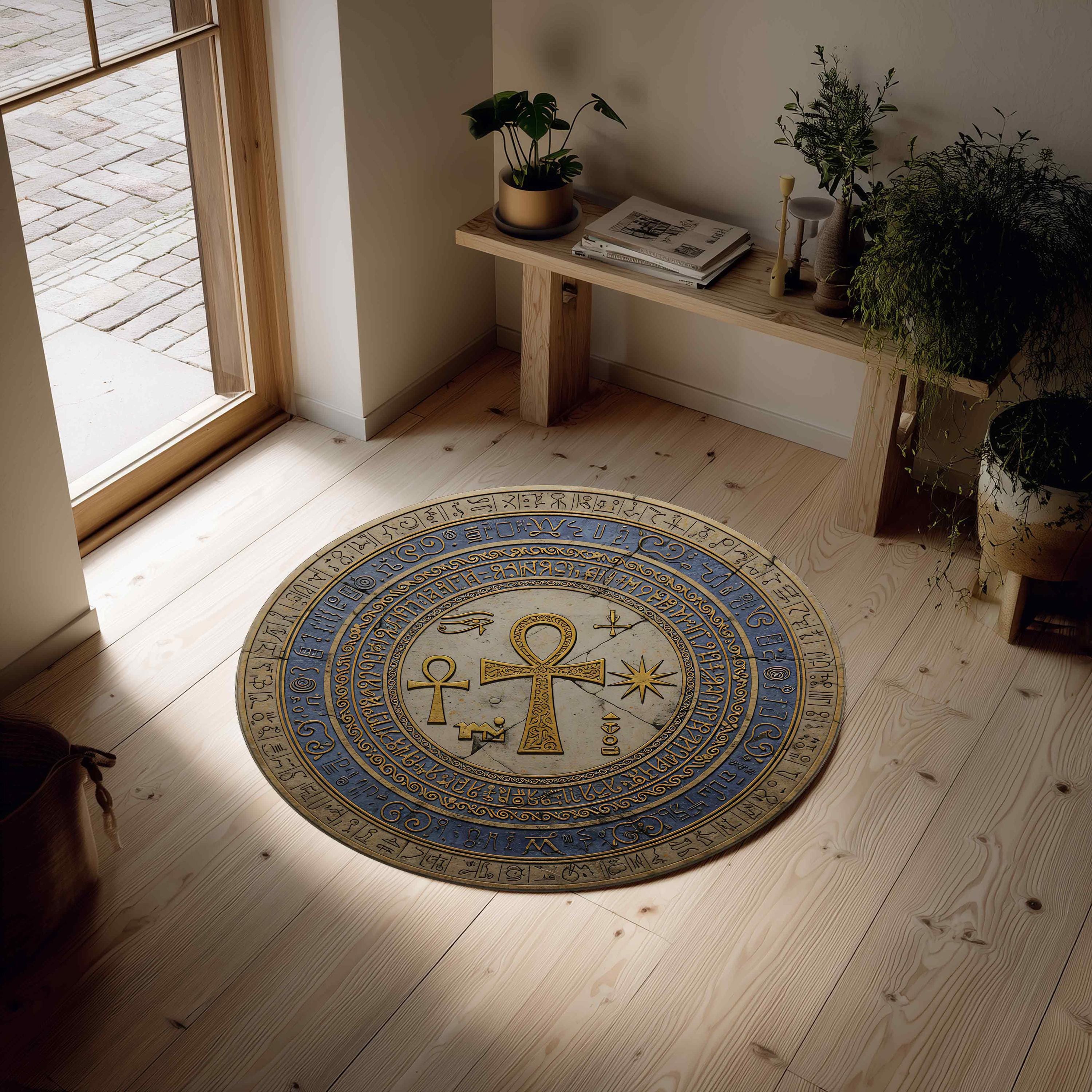 Egyptian Ankh Round Rug, Ancient Hieroglyph Circle Carpet, Gold Blue ...