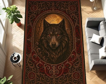 Gothic Wolf Rug, Dark Forest Animal Carpet, Medieval Tapestry Style Home Decor, Mystical Werewolf Art Floor Mat for Bedroom or Living Room