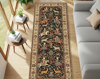 Persian Hunting Runner Rug, Traditional Horseback Scene Carpet with Warriors, Leopards and Flowers, Antique Miniature Style Hallway Decor